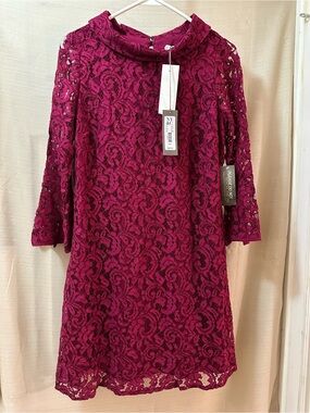 Eva Mendes Magenta Lace Fit Flare Dress Bell Sleeve Bow Back Small NWT